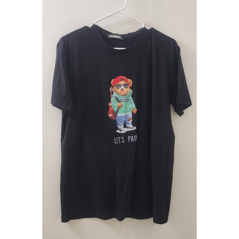Ventiuno Paris Black Teddy Bear Graphic T-Shirt Cotton Streetwear Let's Party